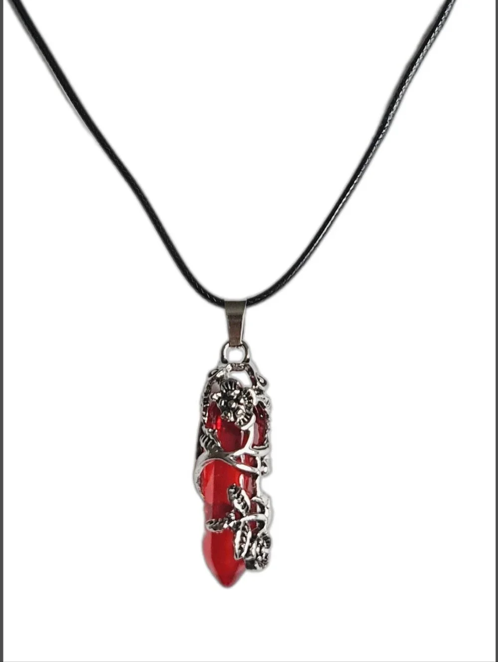 Natural Stone Pendant w/ Flower Accents & Black Cord Necklace NWOT